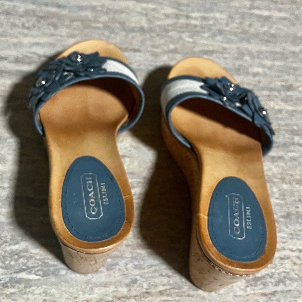 Coach JESACA Blue and Beige Wedge Sandals with Fliral Accents - Picture 2 of 16